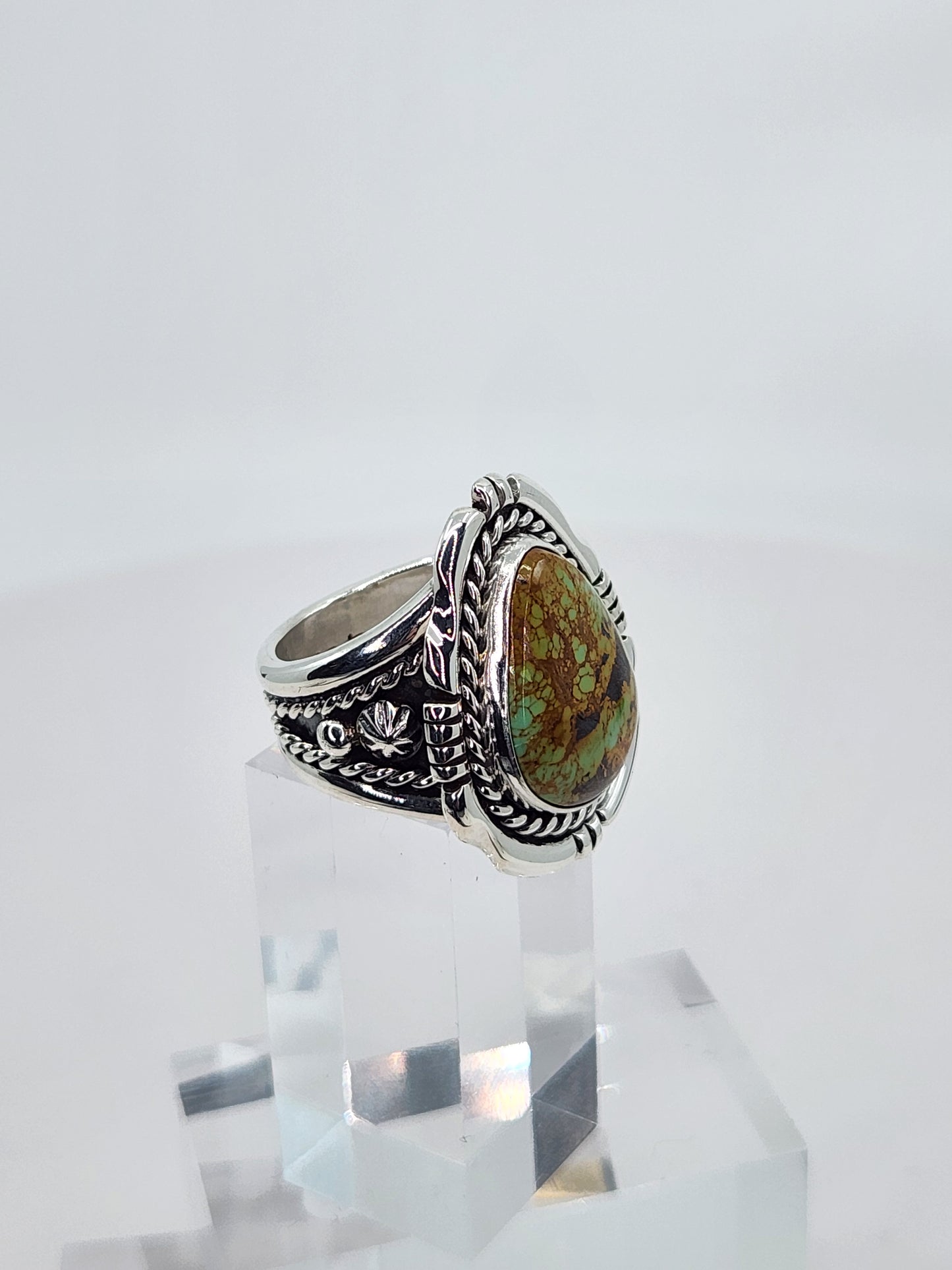 Desert Treasure: Green and Brown Turquoise Ring set in Intricate Sterling Silver