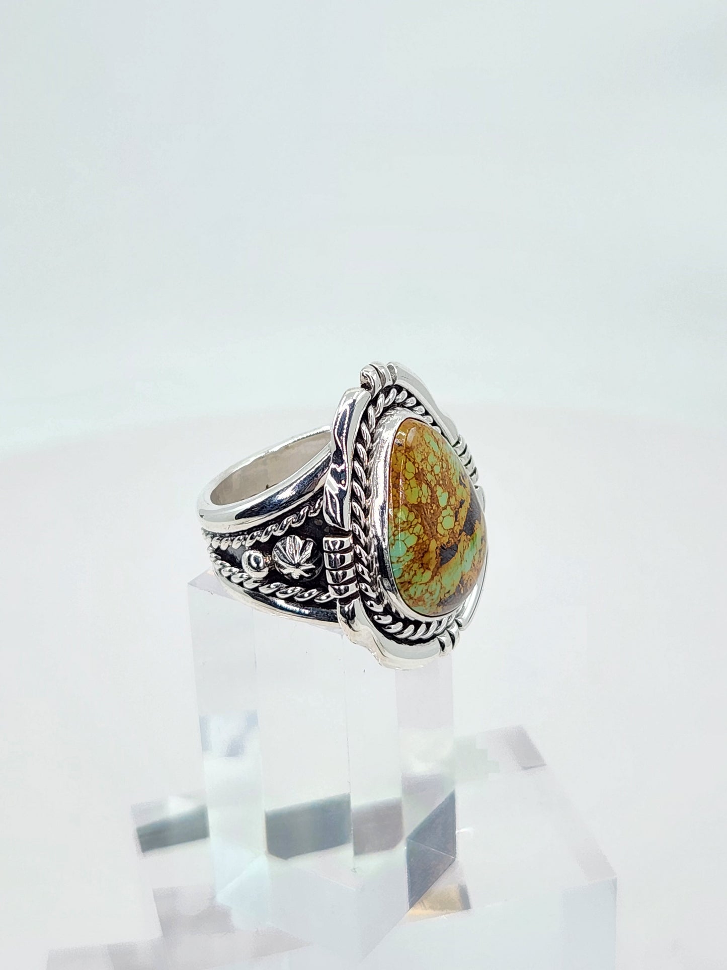 Desert Treasure: Green and Brown Turquoise Ring set in Intricate Sterling Silver