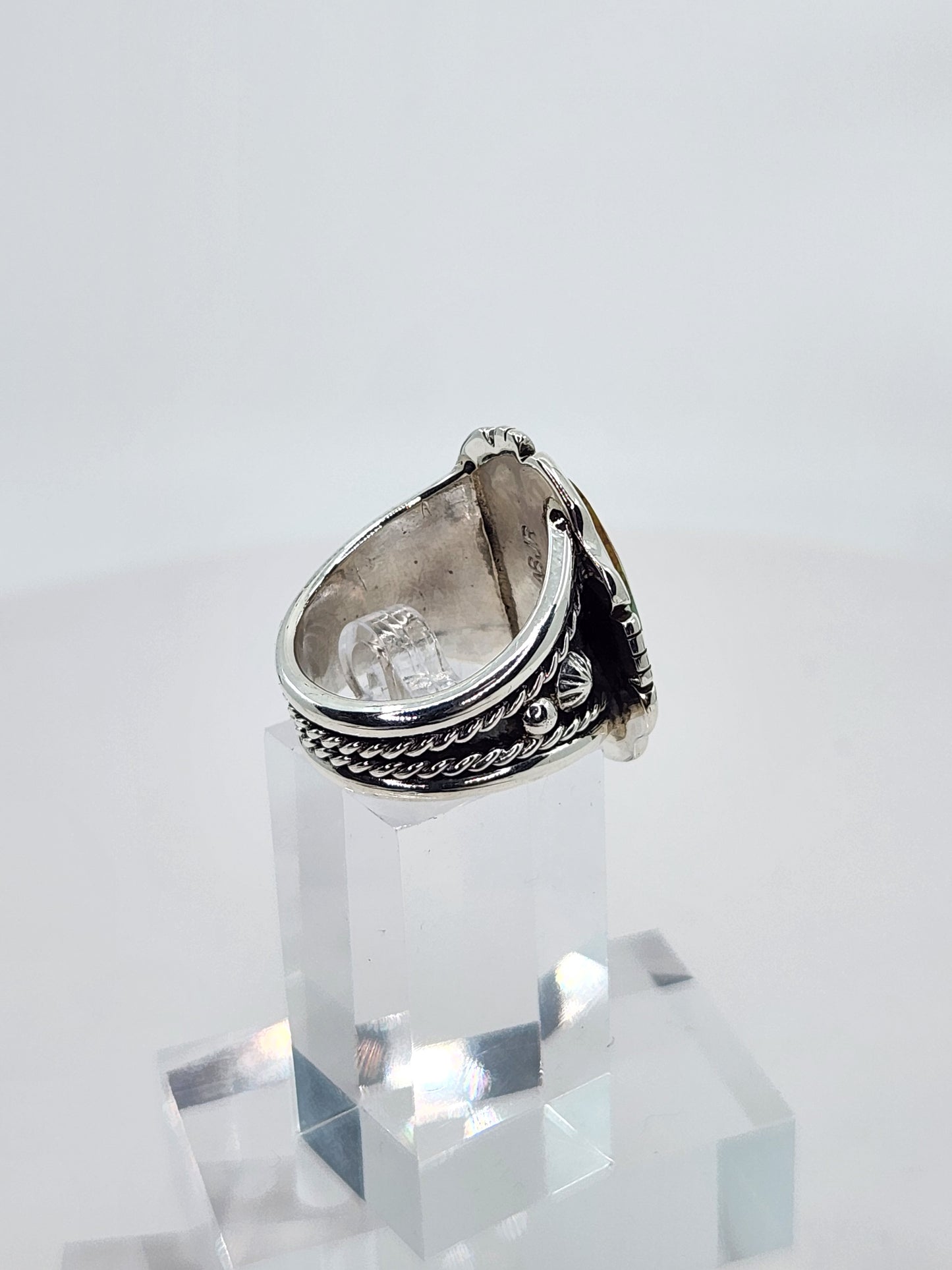 Desert Treasure: Green and Brown Turquoise Ring set in Intricate Sterling Silver