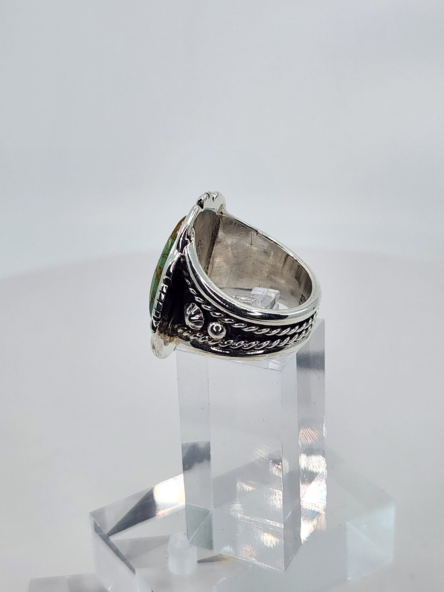 Desert Treasure: Green and Brown Turquoise Ring set in Intricate Sterling Silver