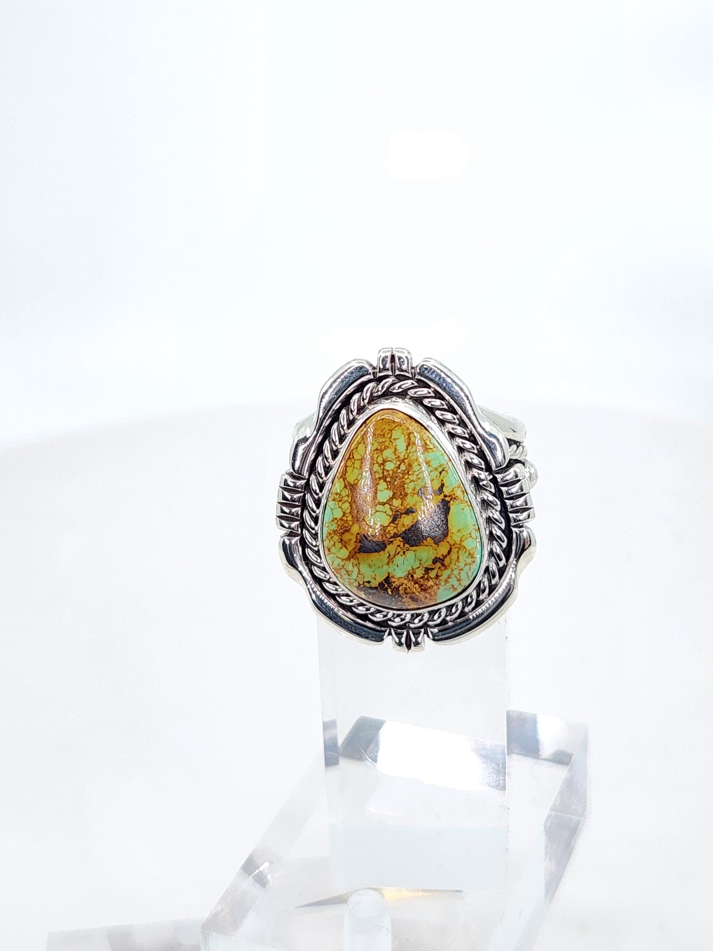 Desert Treasure: Green and Brown Turquoise Ring set in Intricate Sterling Silver