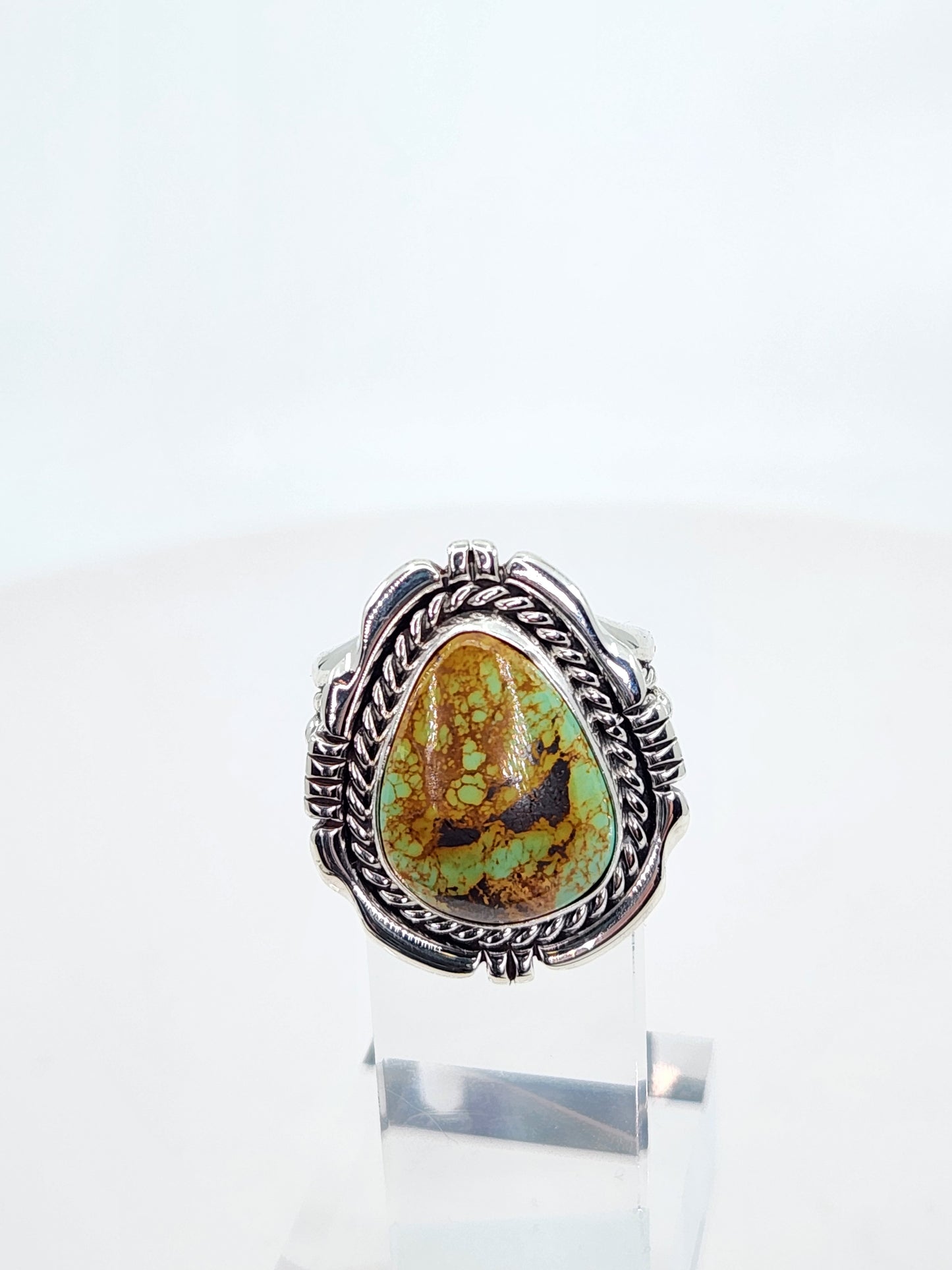 Desert Treasure: Green and Brown Turquoise Ring set in Intricate Sterling Silver