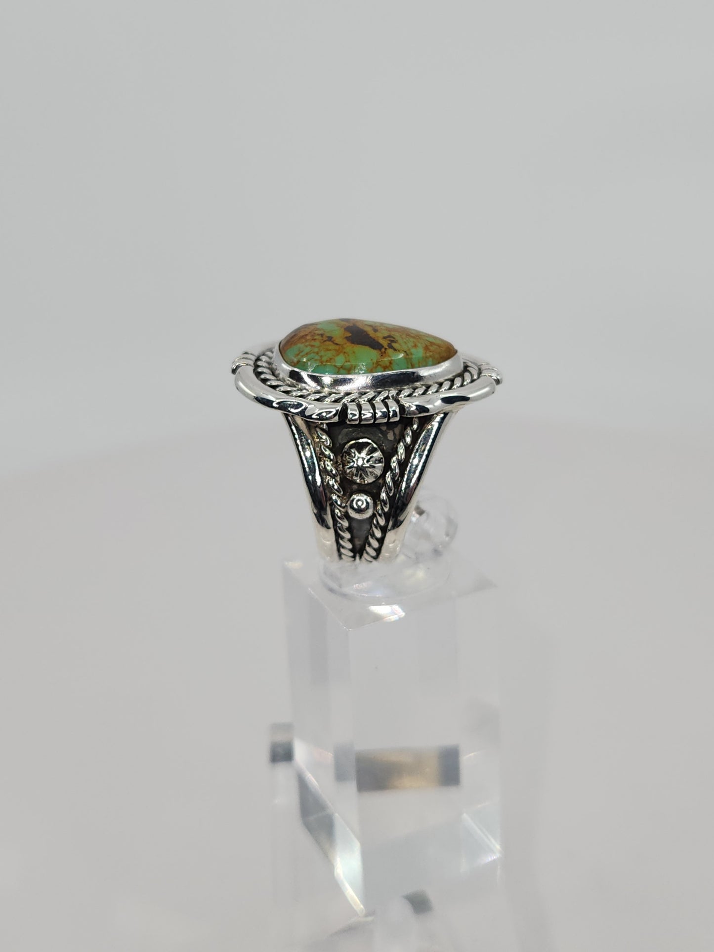 Desert Treasure: Green and Brown Turquoise Ring set in Intricate Sterling Silver