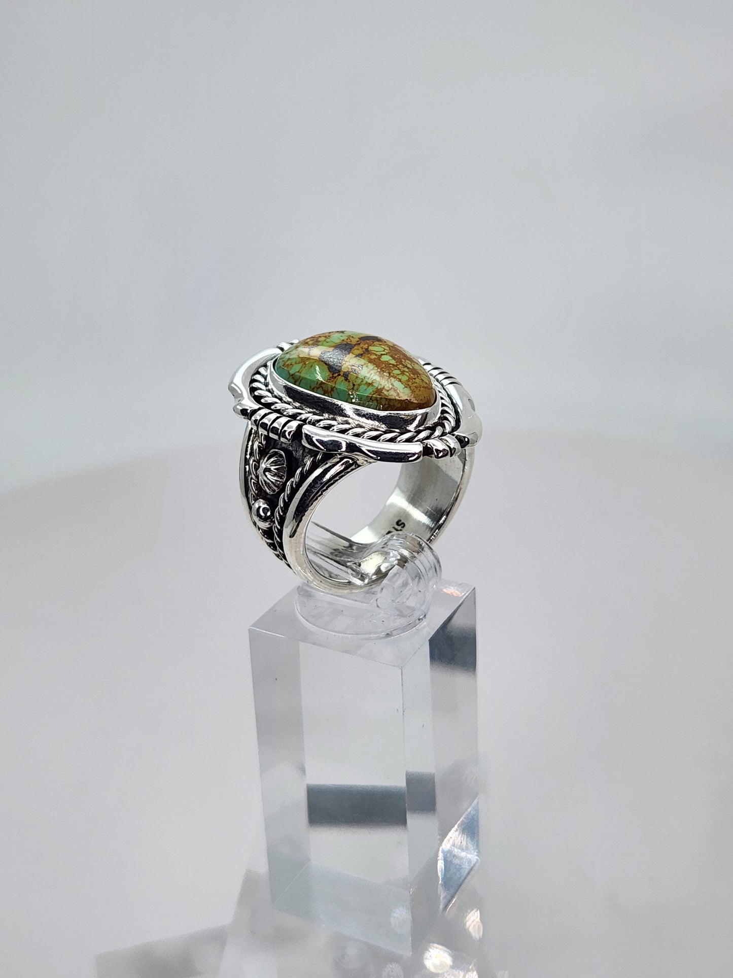 Desert Treasure: Green and Brown Turquoise Ring set in Intricate Sterling Silver