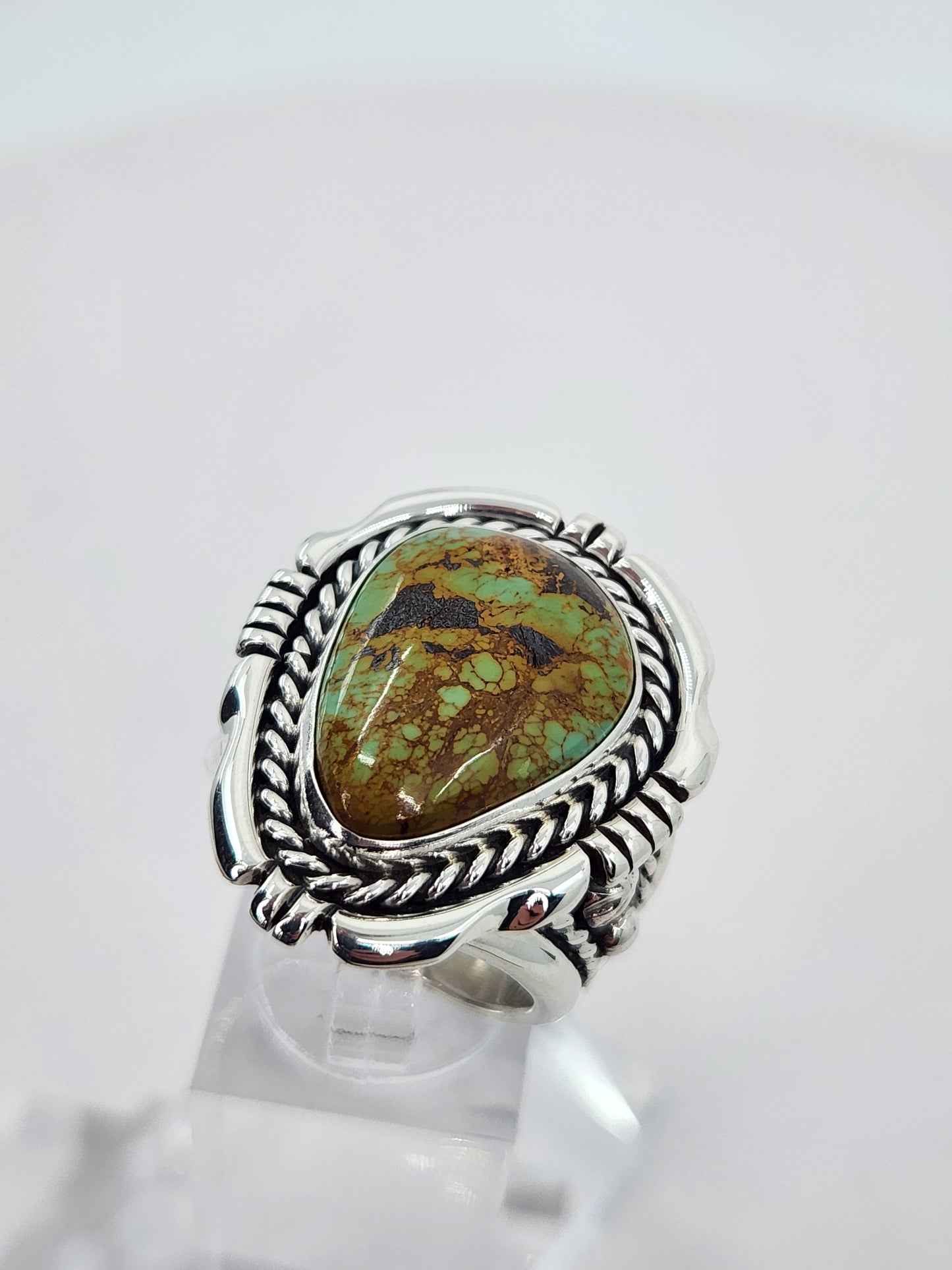 Desert Treasure: Green and Brown Turquoise Ring set in Intricate Sterling Silver