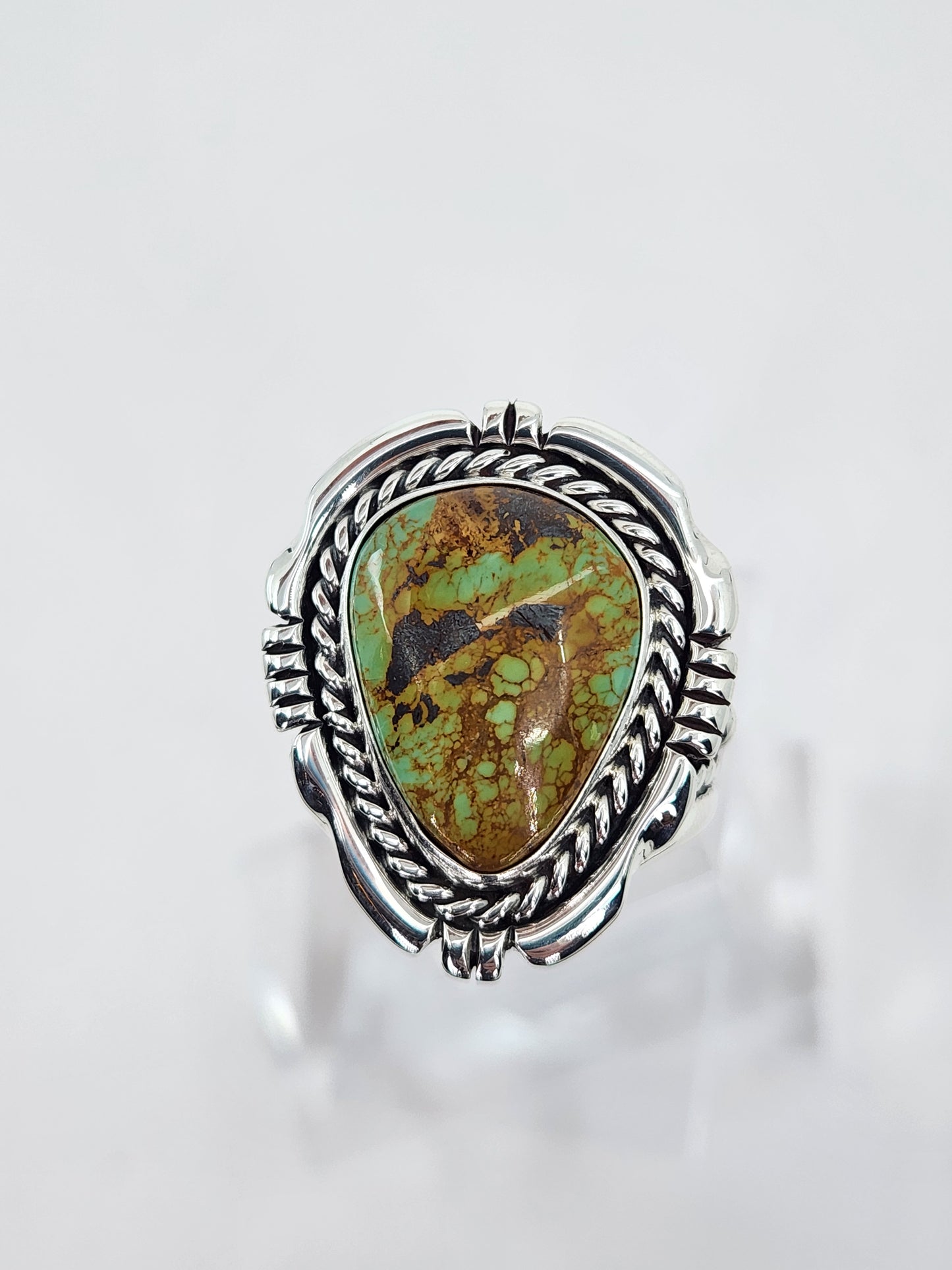 Desert Treasure: Green and Brown Turquoise Ring set in Intricate Sterling Silver