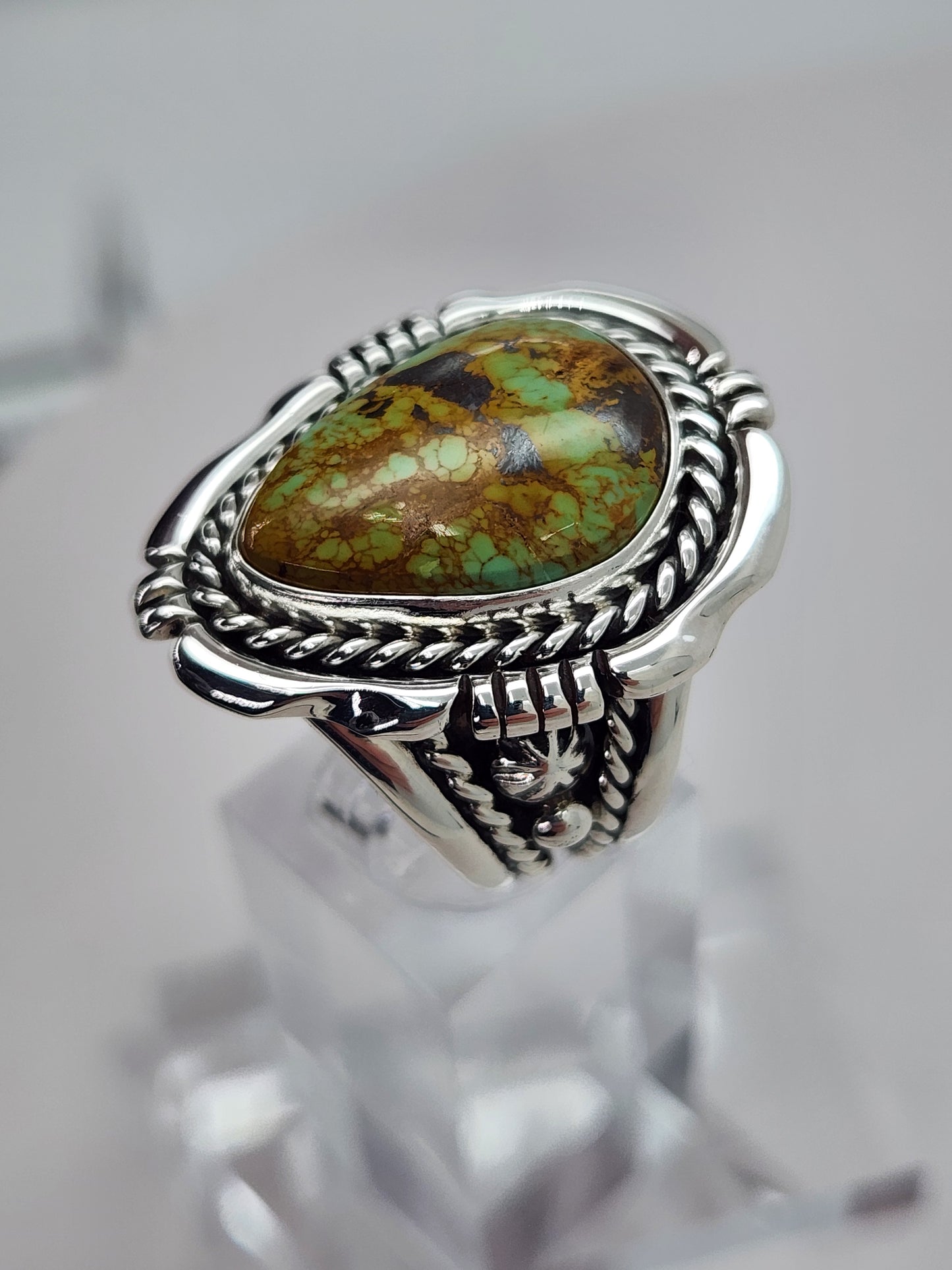 Desert Treasure: Green and Brown Turquoise Ring set in Intricate Sterling Silver