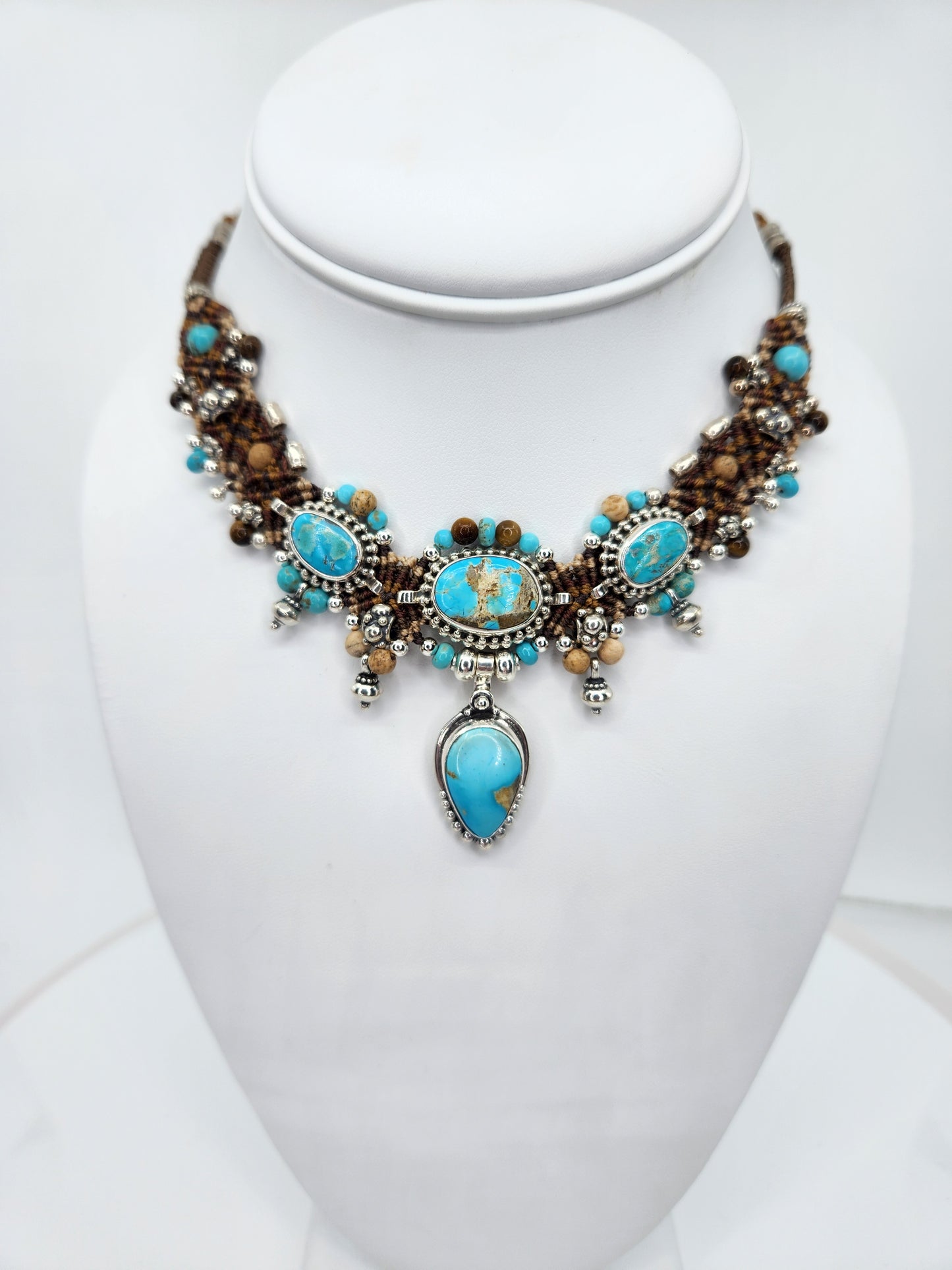 Isha Elafi - Turquoise Stones With Brown and Beige Knotwork Necklace