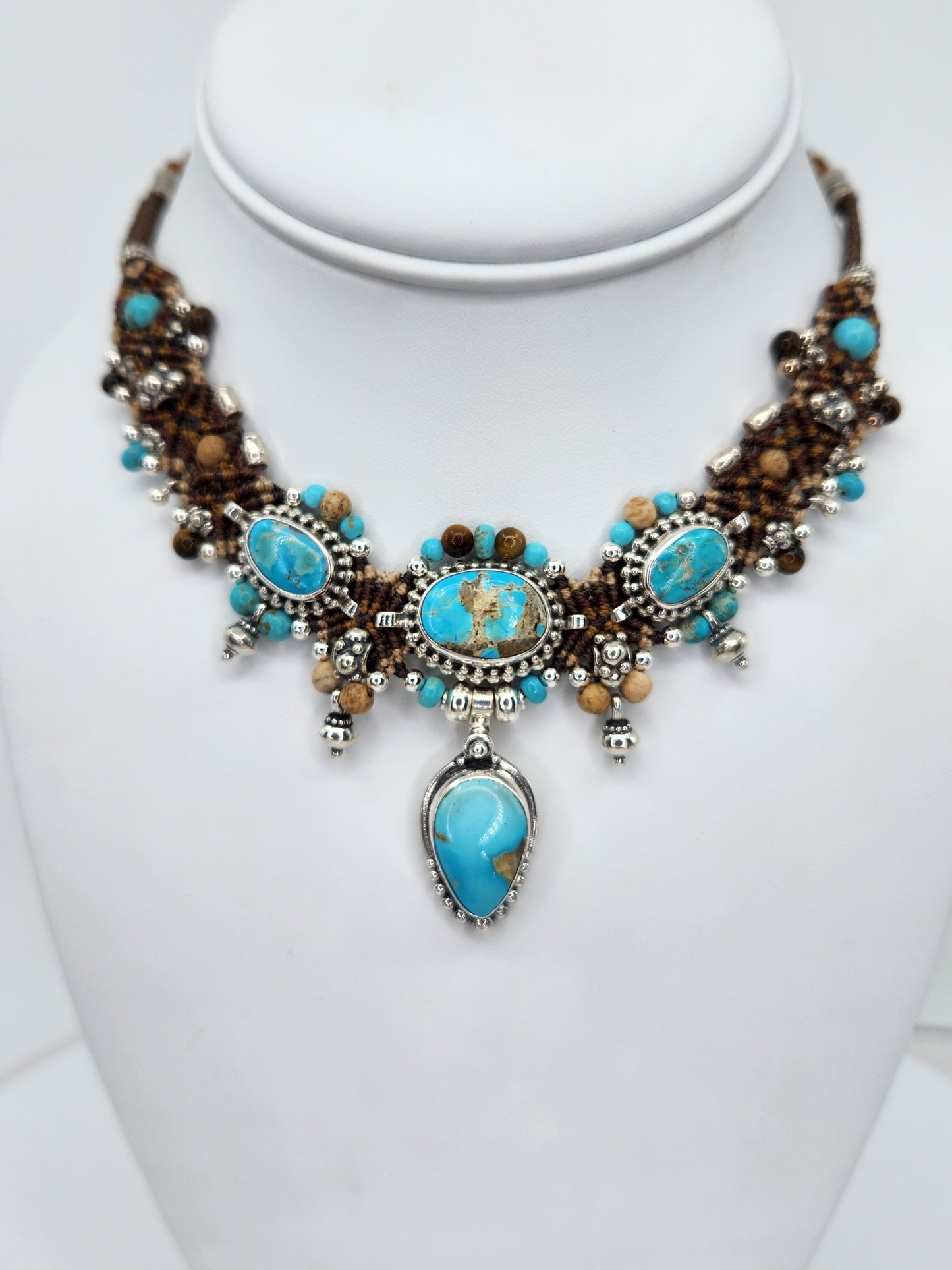 Isha Elafi - Turquoise Stones With Brown and Beige Knotwork Necklace