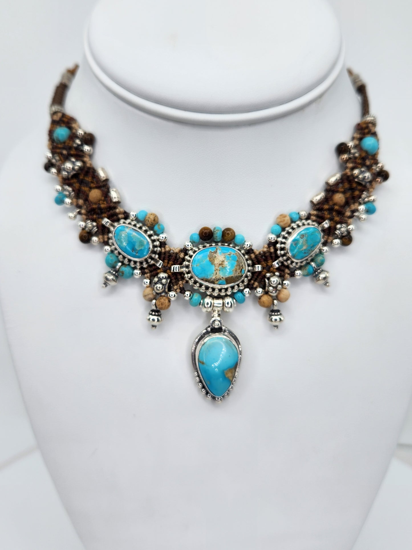 Isha Elafi - Turquoise Stones With Brown and Beige Knotwork Necklace