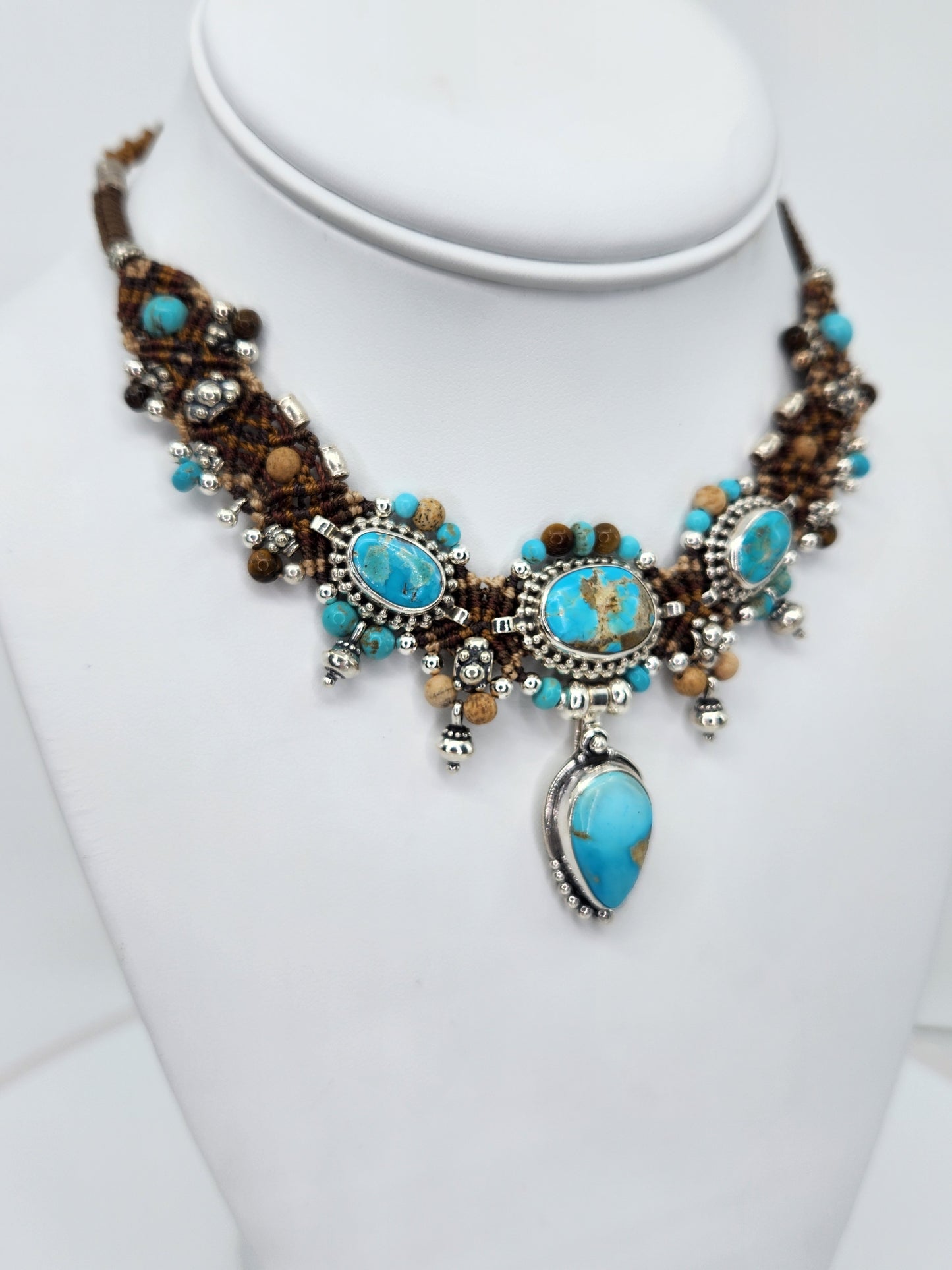 Isha Elafi - Turquoise Stones With Brown and Beige Knotwork Necklace