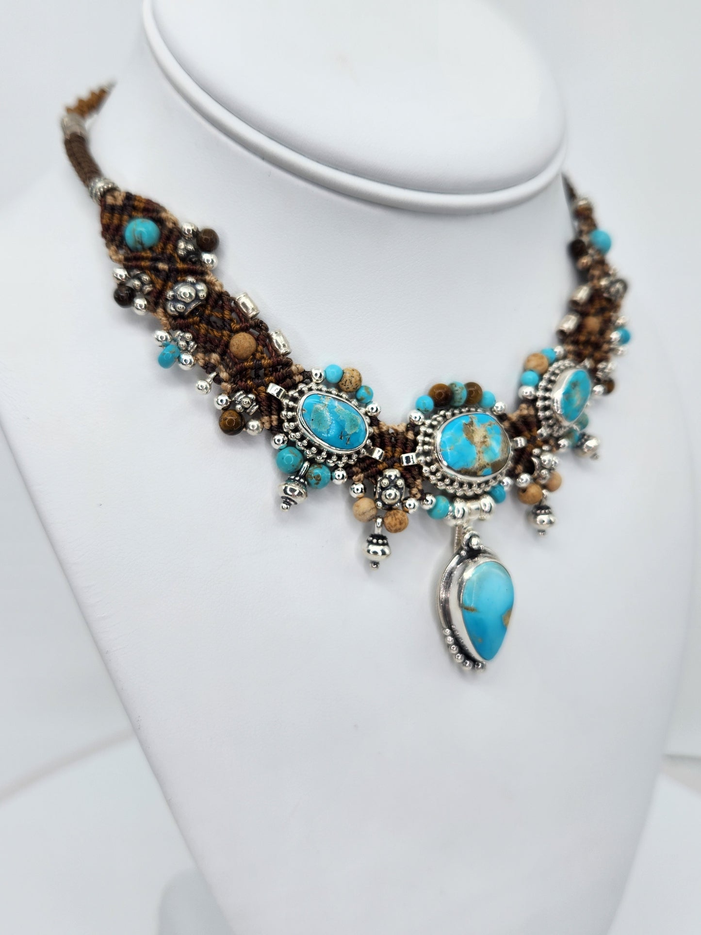 Isha Elafi - Turquoise Stones With Brown and Beige Knotwork Necklace