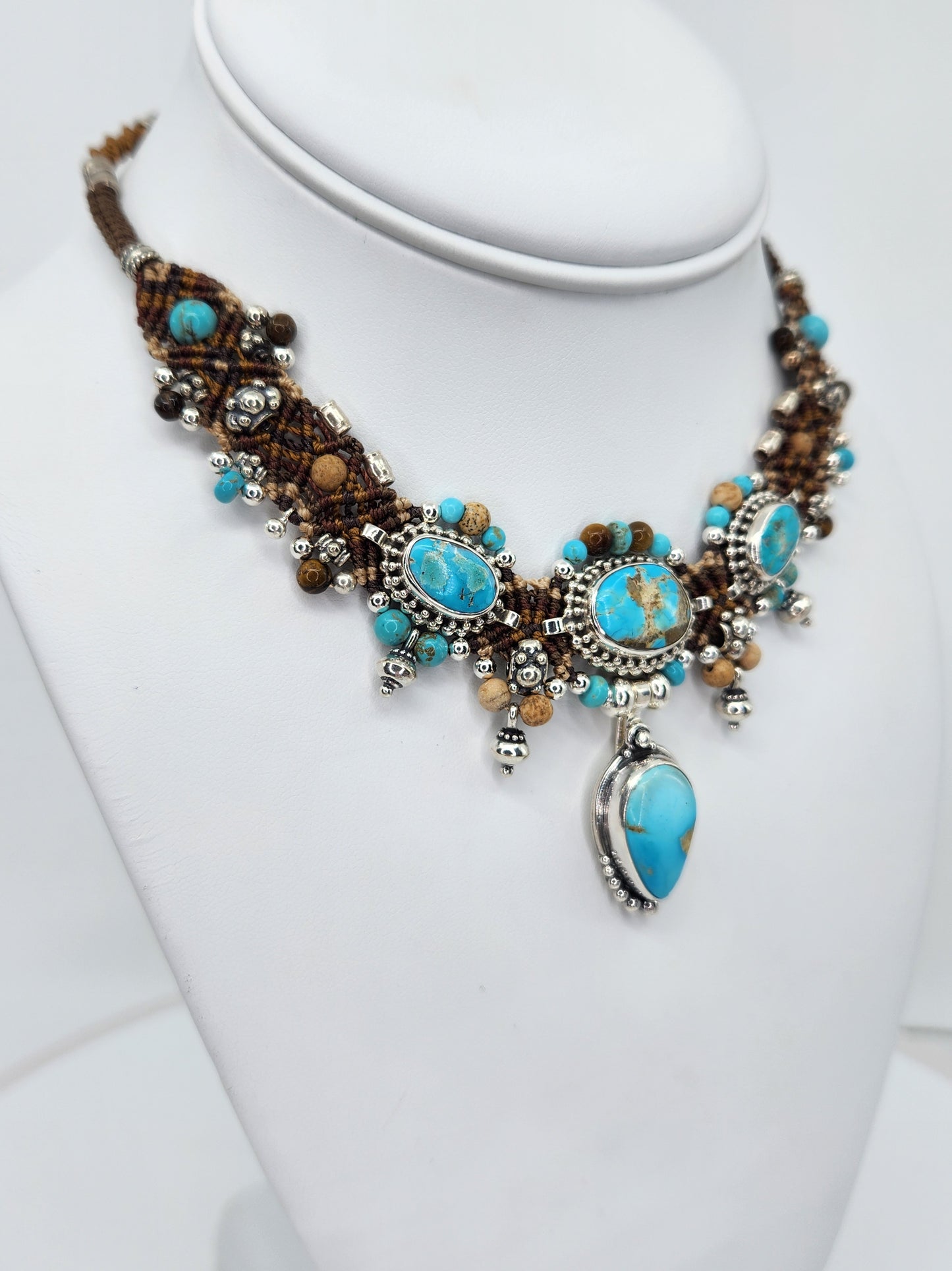 Isha Elafi - Turquoise Stones With Brown and Beige Knotwork Necklace