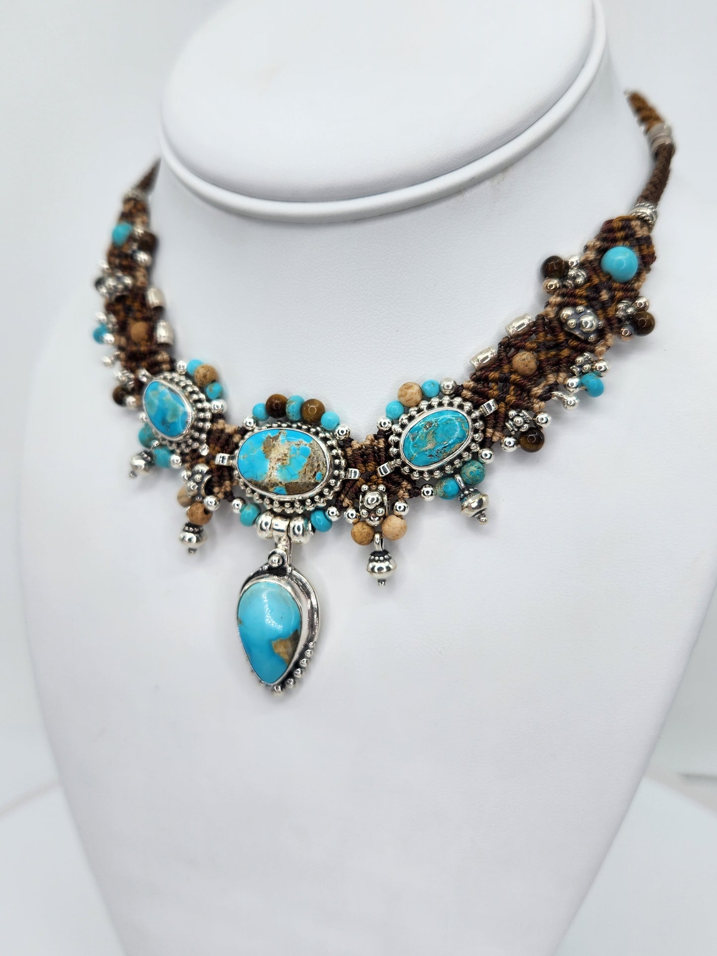 Isha Elafi - Turquoise Stones With Brown and Beige Knotwork Necklace