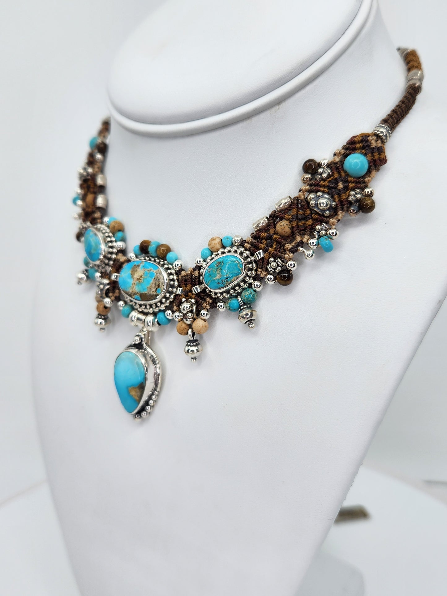 Isha Elafi - Turquoise Stones With Brown and Beige Knotwork Necklace