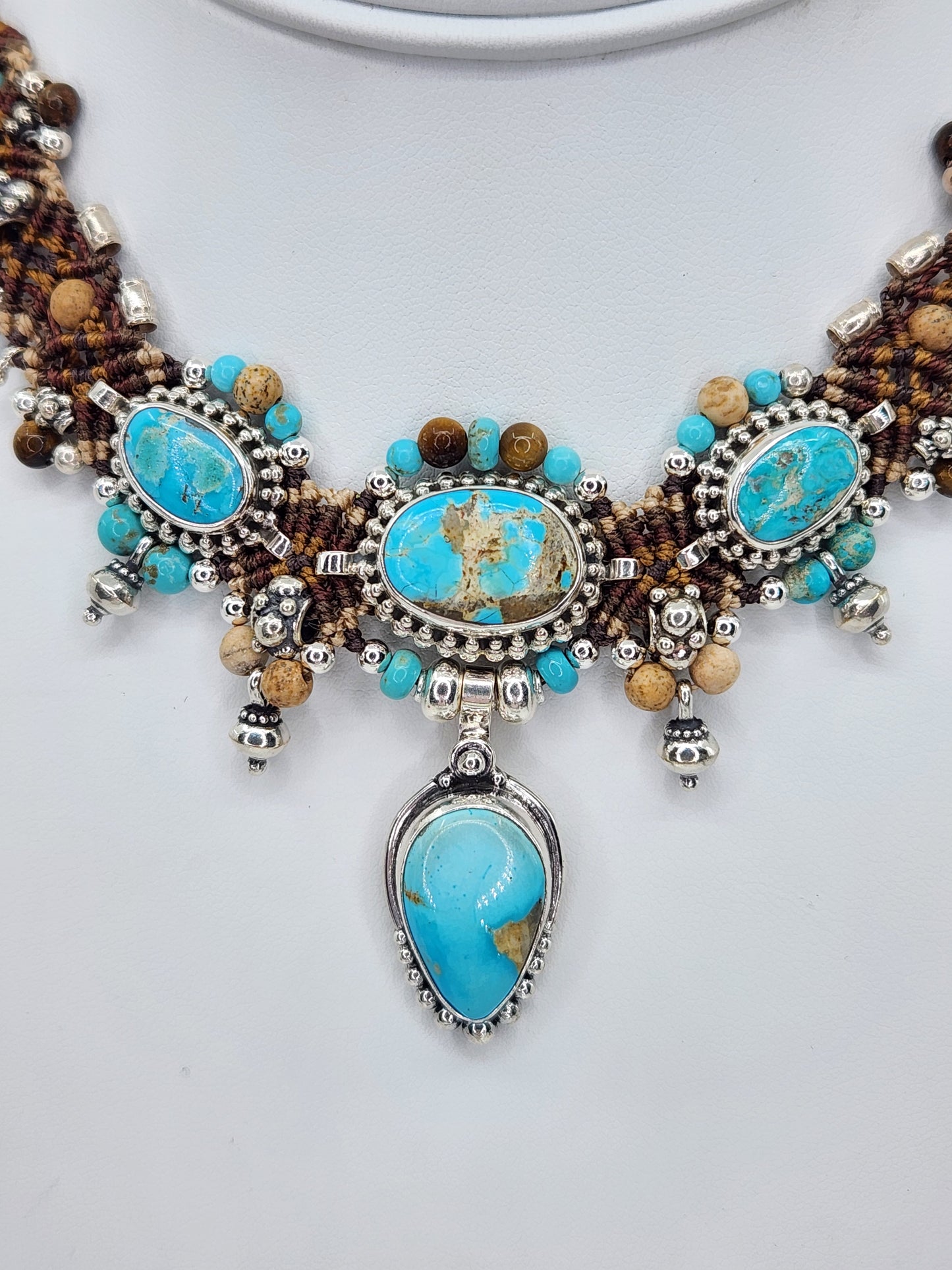 Isha Elafi - Turquoise Stones With Brown and Beige Knotwork Necklace