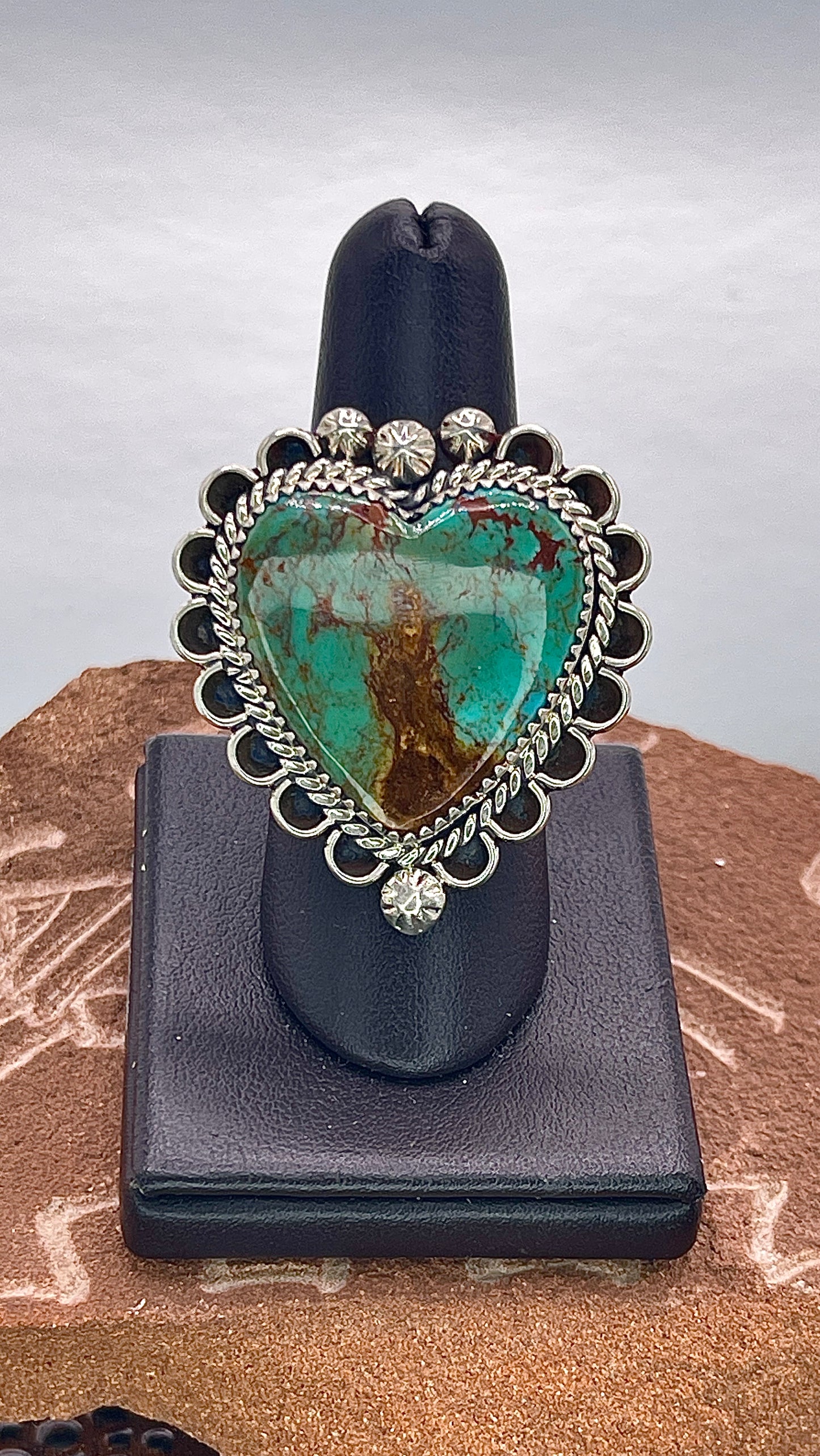 Desert Treasure: Heart Shaped Kingman Green/Brown Turquoise set in Sterling Silver Ring