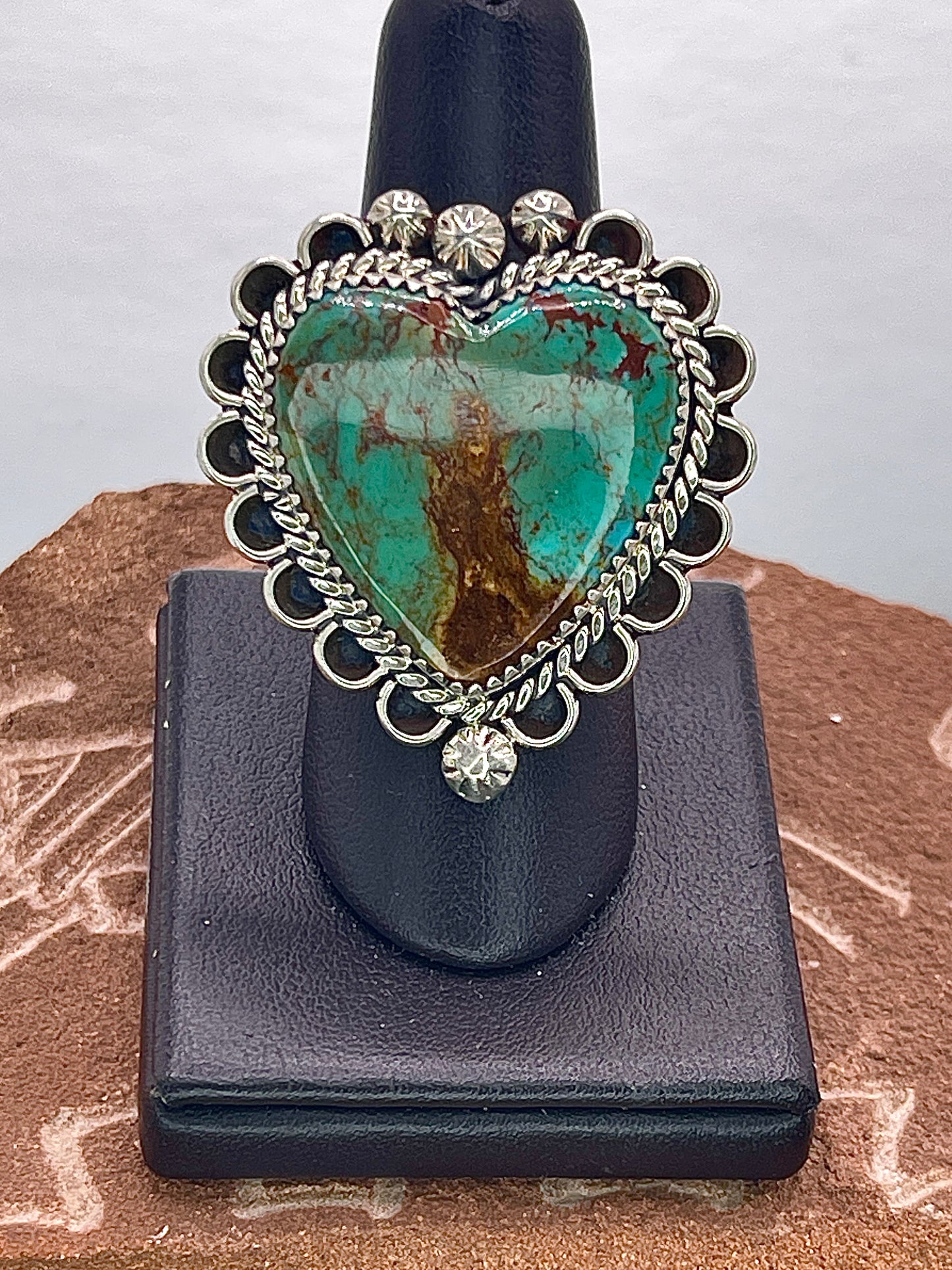 Desert Treasure: Heart Shaped Kingman Green/Brown Turquoise set in Sterling Silver Ring