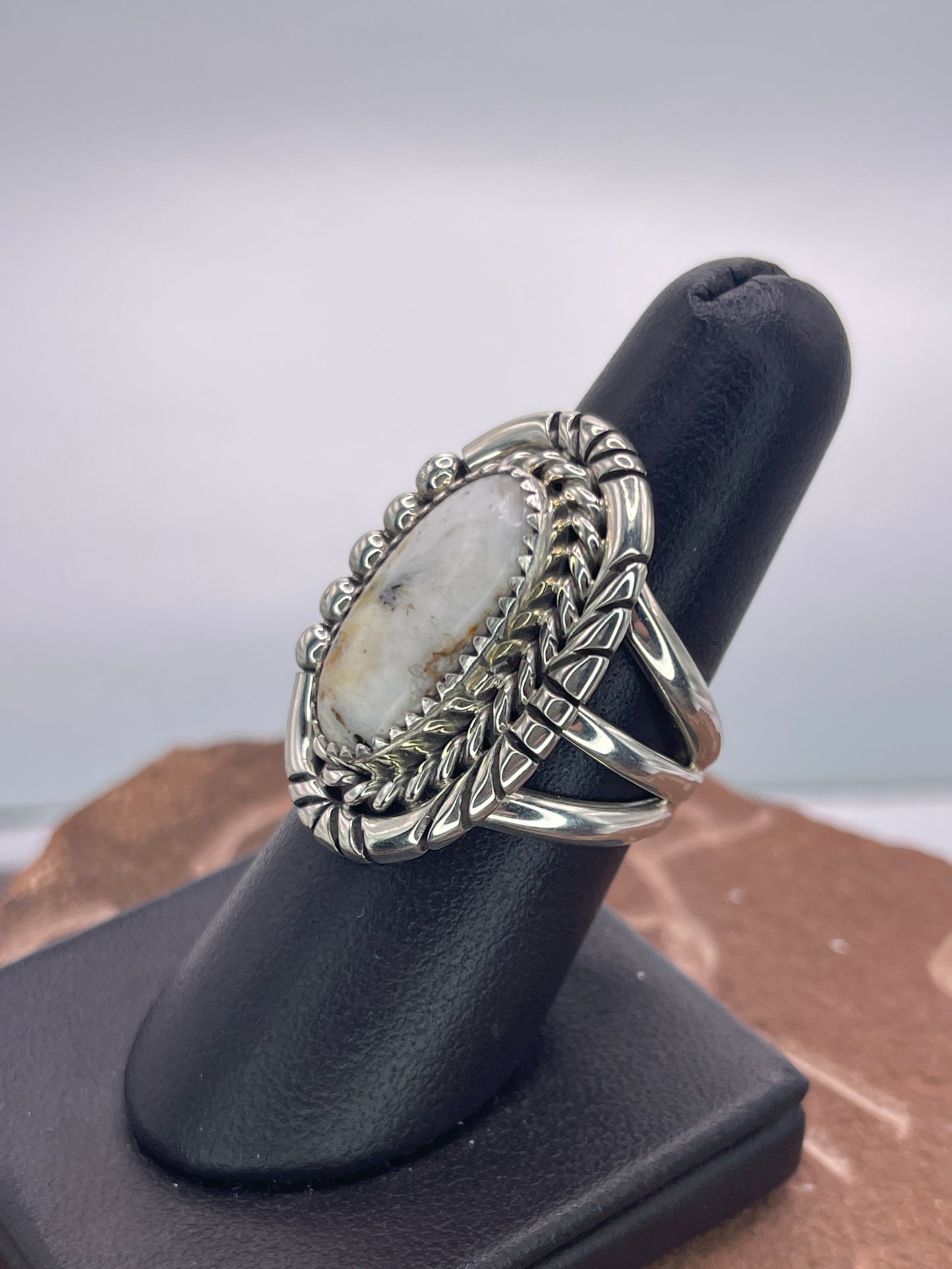 Desert Treasure: White and Black Oval Stone set in Sterling Silver Ring
