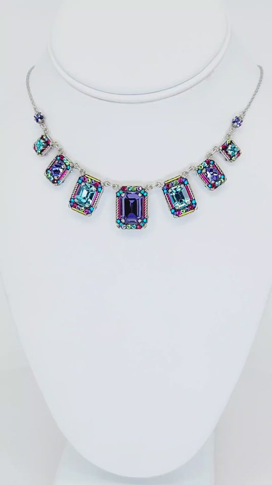 Firefly - 7 Panel Necklace with Multi-Color Purple, Blue, Pink Mosaics with Swarovski Crystals
