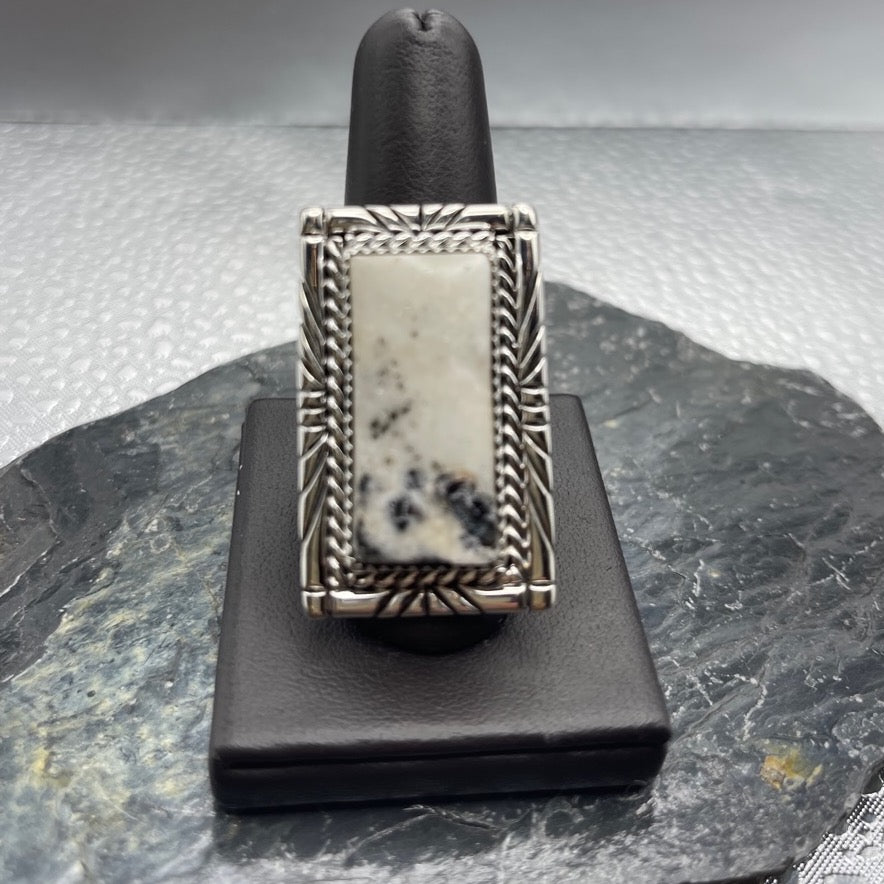 Desert Treasure: Large White-and-Black White Buffalo stone set in Sterling Silver Ring