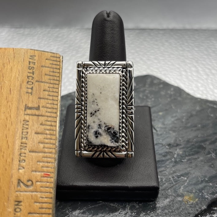 Desert Treasure: Large White-and-Black White Buffalo stone set in Sterling Silver Ring