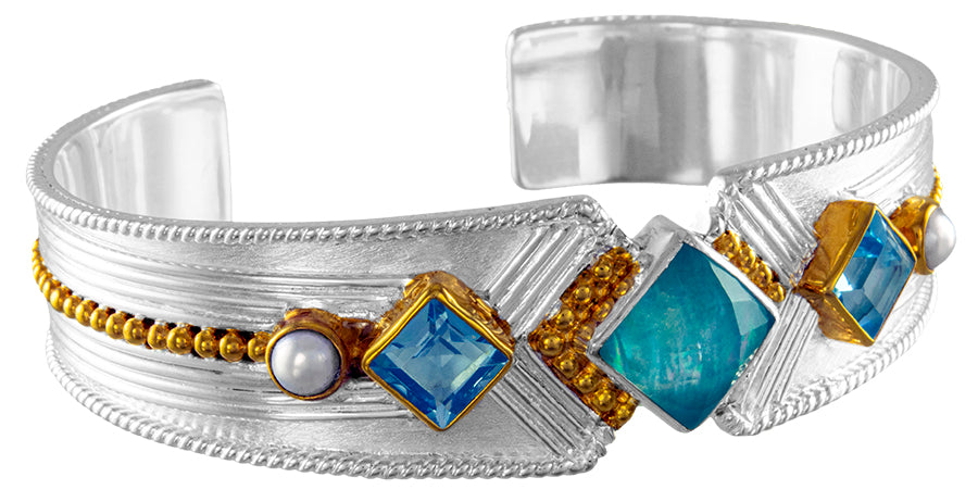 Sterling Silver Bracelet with Amazonite + checkerboard cut crystal quartz+ Mother of Pearl, Sky Blue Topaz and White Freshwater Pearl