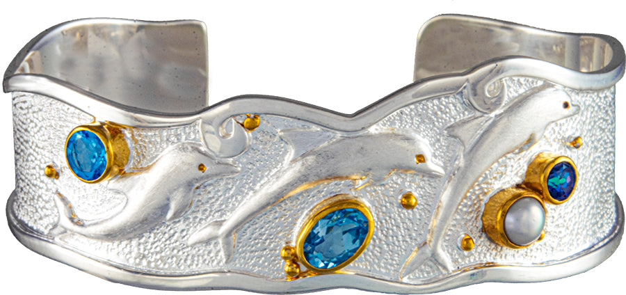 Sterling Silver Bracelet with Baby Blue Topaz, White Freshwater Pearl, Sky Blue Topaz and Trendy Solo Topaz