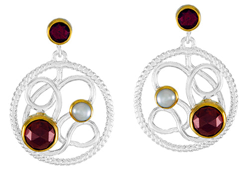 Sterling Silver Earring with Garnet and White Freshwater Pearl