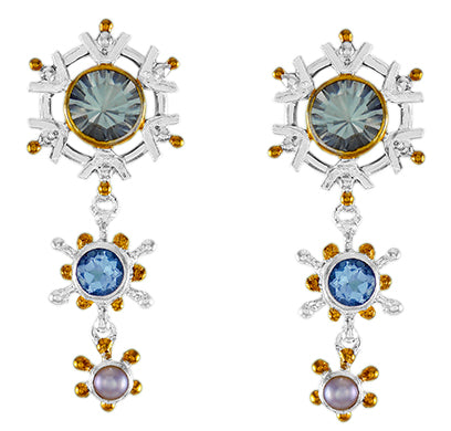 Sterling Silver Earring with Green Amethyst, Sky Blue Topaz and White Freshwater Pearl