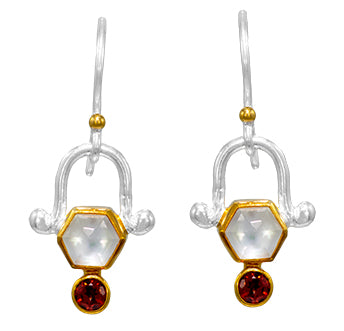 Sterling Silver Earring with Mother of Pearl +checkerboard cut crystal quartz and Garnet