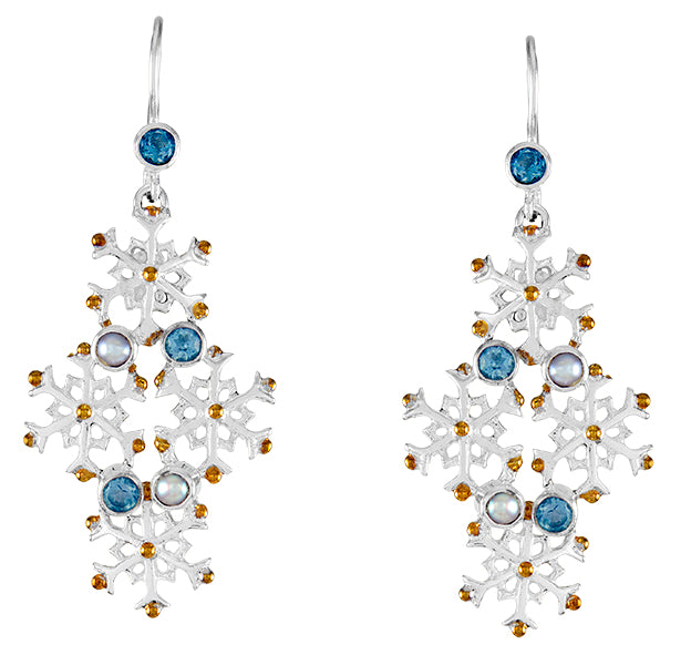 Sterling Silver Earring with White Freshwater Pearl and Sky Blue Topaz