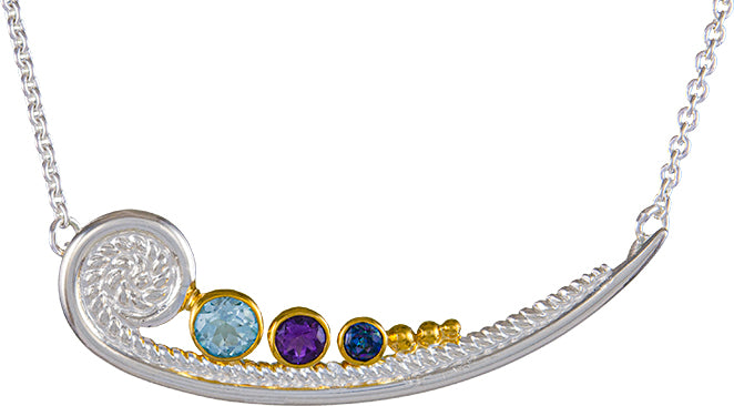 Sterling Silver Necklace with African Amethyst, Sky Blue Topaz and Trendy Solo Topaz