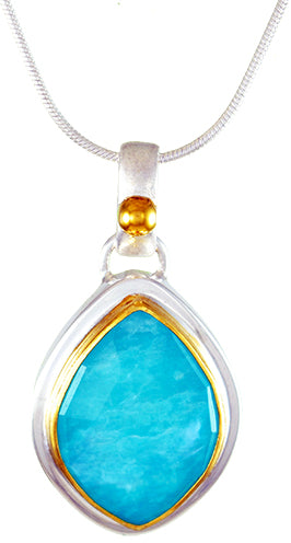 Sterling Silver Pendant with Amazonite + checkerboard cut crystal quartz+ Mother of Pearl