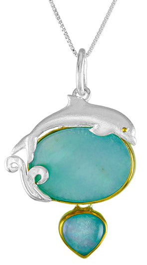 Sterling Silver Pendant with Amazonite + checkerboard cut crystal quartz+ Mother of Pearl
