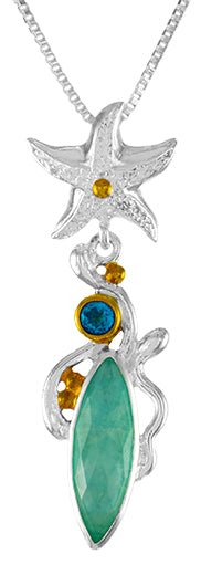 Sterling Silver Pendant with Amazonite + checkerboard cut crystal quartz+ Mother of Pearl and Baby Blue Topaz