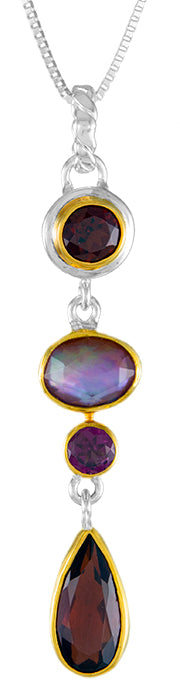 Sterling Silver Pendant with Garnet, Mother of Pearl + Gava + white Quartz and Rhodolite Garnet