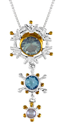 Sterling Silver Pendant with Green Amethyst, Sky Blue Topaz and White Freshwater Pearl