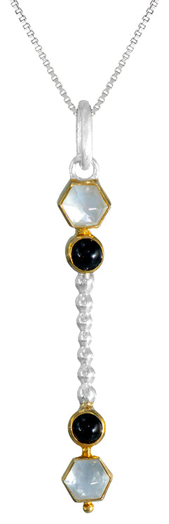 Sterling Silver Pendant with Mother of Pearl +checkerboard cut crystal quartz and Onyx