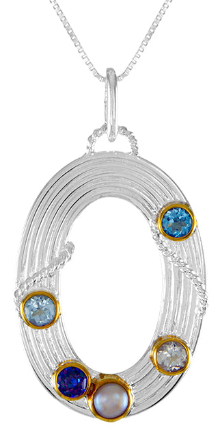 Sterling Silver Pendant with Sky Blue Topaz, Trendy Solo Topaz, White Freshwater Pearl, White Topaz and Baby Blue Topaz