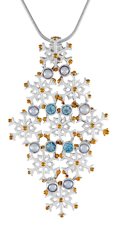 Sterling Silver Pendant with White Freshwater Pearl and Sky Blue Topaz