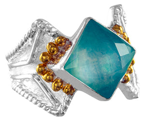 Sterling Silver Ring with Amazonite + checkerboard cut crystal quartz+ Mother of Pearl