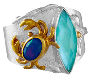 Sterling Silver Ring with Amazonite + checkerboard cut crystal quartz+ Mother of Pearl