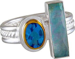 Sterling Silver Ring with Amazonite + checkerboard cut crystal quartz+ Mother of Pearl and Baby Blue Topaz
