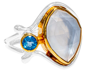 Sterling Silver Ring with Mother of Pearl +checkerboard cut crystal quartz