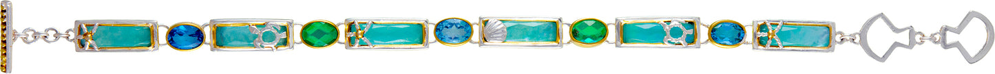Sterling Silver and 22K Gold Vermeil Bracelet with Amazonite + checkerboard cut crystal quartz+ Mother of Pearl, Baby Blue Topaz and Sky Blue Topaz
