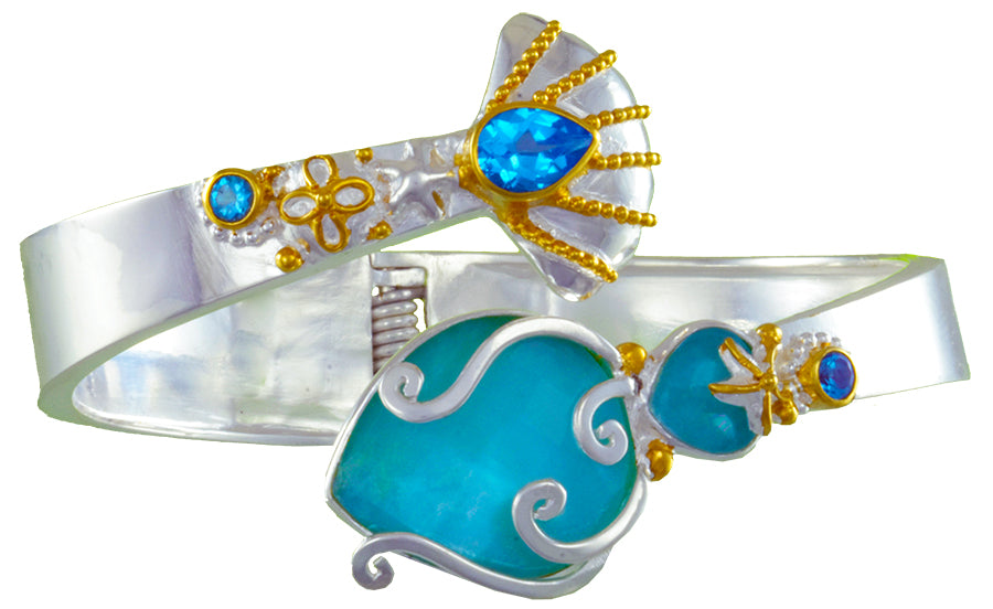 Sterling Silver and 22K Gold Vermeil Bracelet with Amazonite + checkerboard cut crystal quartz+ Mother of Pearl and Baby Blue Topaz