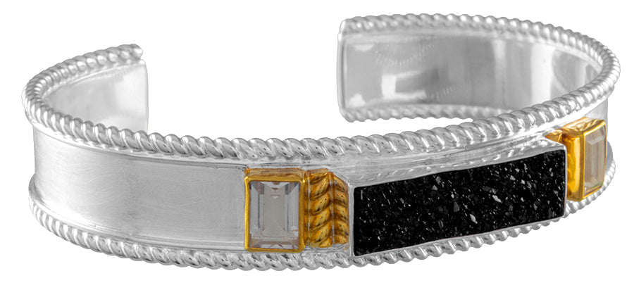 Sterling Silver and 22K Gold Vermeil Bracelet with Black Druzy and White Quartz