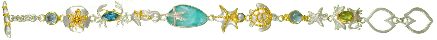 Sterling Silver and 22K Gold Vermeil Bracelet with Sky Blue Topaz, Baby Blue Topaz, Amazonite + Mother of Pearl + white quartz, White Freshwater Pearl and Peridot