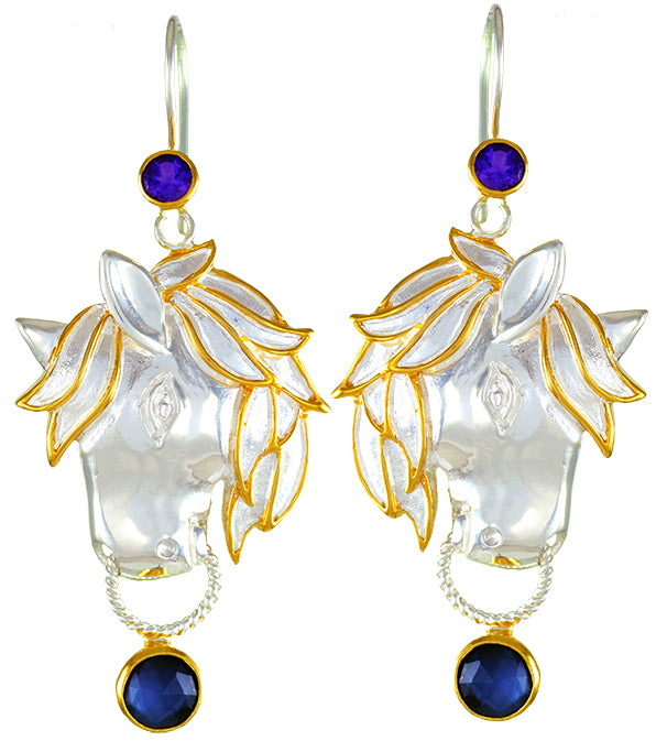 Sterling Silver and 22K Gold Vermeil Earring with African Amethyst and Mother of Pearl + onyx + checkerboard cut crystal quartz